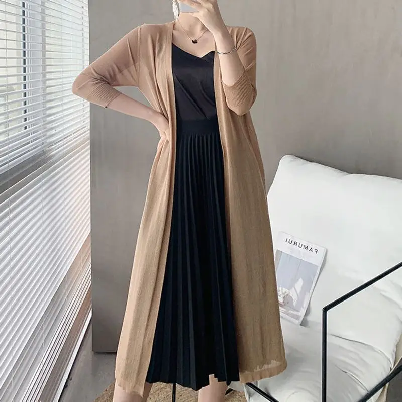 Knit 80kg Korean Long Sunscreen Cardigan Summer Casual Ice Silk Sweaters Female Mujer Long Sleeve Tops Women Fashion Coat New