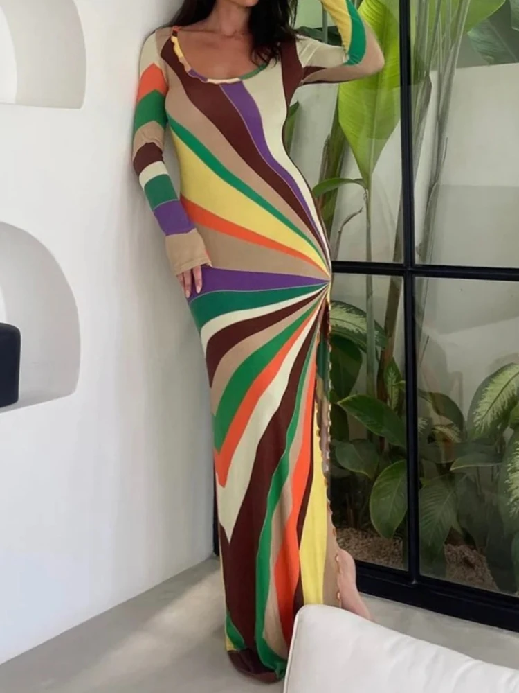 فستان ماكسي أنيق مطبوع برقبة دائرية، فستان حفلات أنيق بأكمام طويلة للربيع والخريف، فستان نسائي مثير بفتحة عالية للعطلات #2