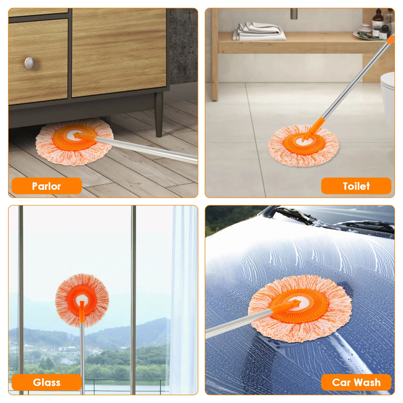 Microfiber Mop Set Rotatable Round Cleaning Mops Wall Cleaner with 4 Poles and 4 Mop Heads Floor Wall Multifunctional Clean Tool