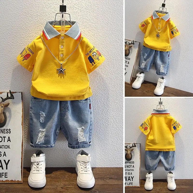 الأولاد 2025 الزي الصيفي تي شيرت والجينز الكورية بولو موضة 2 قطعة ملابس كاجوال المراجعات الكورية أفضل طفل الاطفال الملابس مجموعات