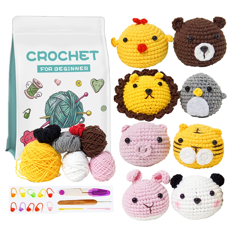 8pcs DIY Handmade Animal Doll Crochet Kit For Beginners Knitting Material Yarn Needles Package Plush Dolls For Crochet Lovers