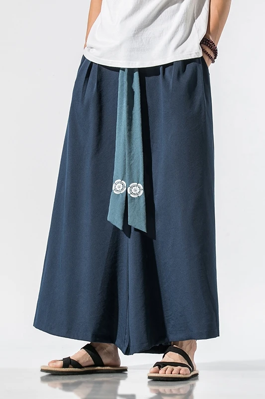 Summer Men Wide Leg Pants Mens Cotton Linen Retro Trousers Man Chinese Style Hanfu Pants Male Big Crotch Nepal Robe Pants