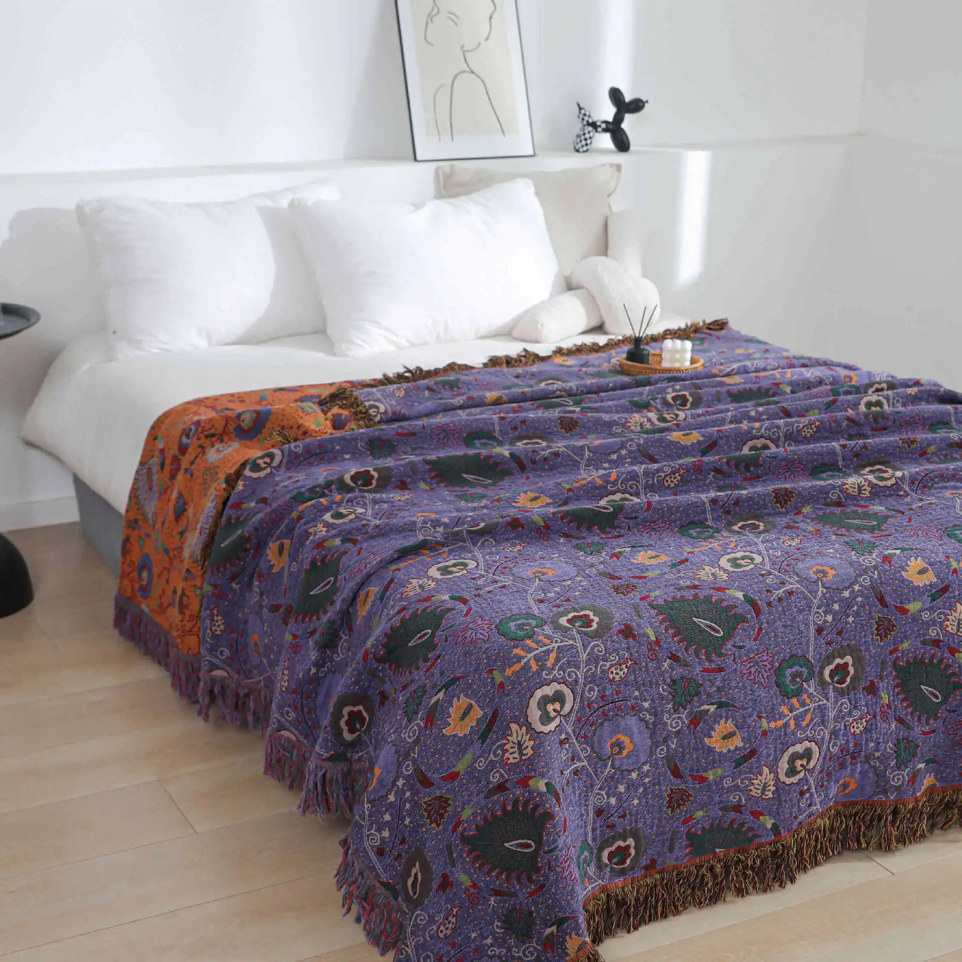 Retro Canna Indica Purple Ethnic Cotton Coverlet Comforter Bedspread Room Decor