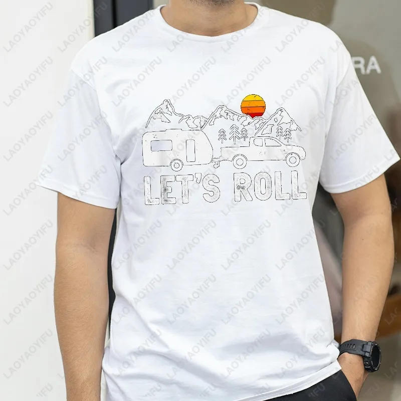 Let's Roll RV T-Shirt Vintage Truck Camper Mountain Graphic Tee Outdoors Breathable Quick Drying Classic Fashion Men's Clothing