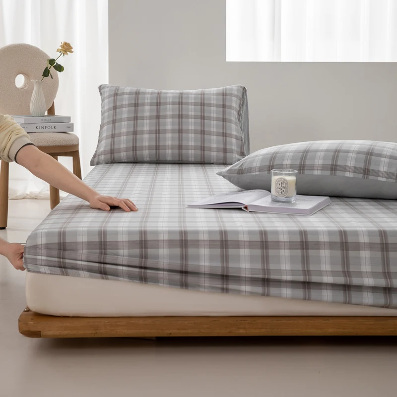 Spannbettlaken aus reiner Baumwolle mit elastischen Bändern, rutschfeste, verstellbare Matratzenbezüge für Doppelbett, King-Size-Bett, Bettbezug im Plaid-Stil