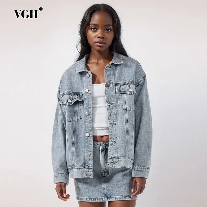 

VGH Casual Patachwork Pockets Solid Denim Jackets For Women Lapel Long Sleeve Loose Minimalist Coats Female Fashion Style New