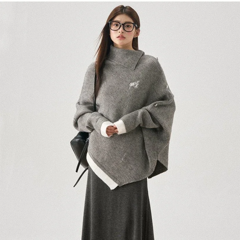 

Korean Irregular Contrast Half-turtleneck Sweater Women Autumn and Winter Lazy Pullover Cape Knitted Jumpers Loose Fashion Tops