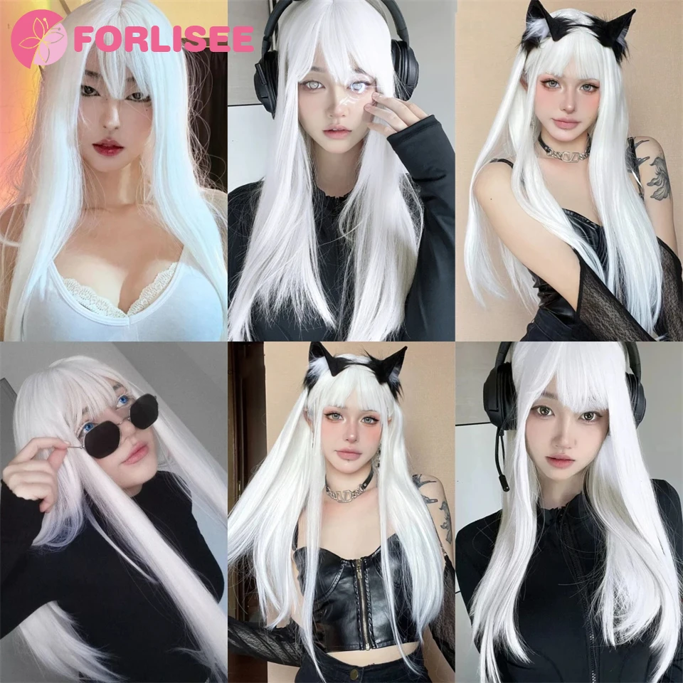 FORLISEE White Wig Women\'s Long Hair Full Head Cover Lolita Japanese Cos Air Bang Long Straight Hair Wig Cover