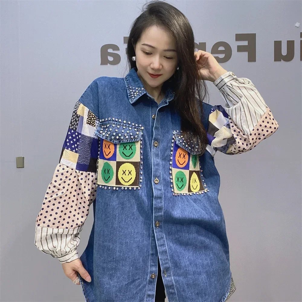 

2024 Casual Long Sleeve Diamonds Patchwork Denim Shirts Women Autumn Clothing Loose Mid-Length Jeans Coats Blusas Mujer De Moda