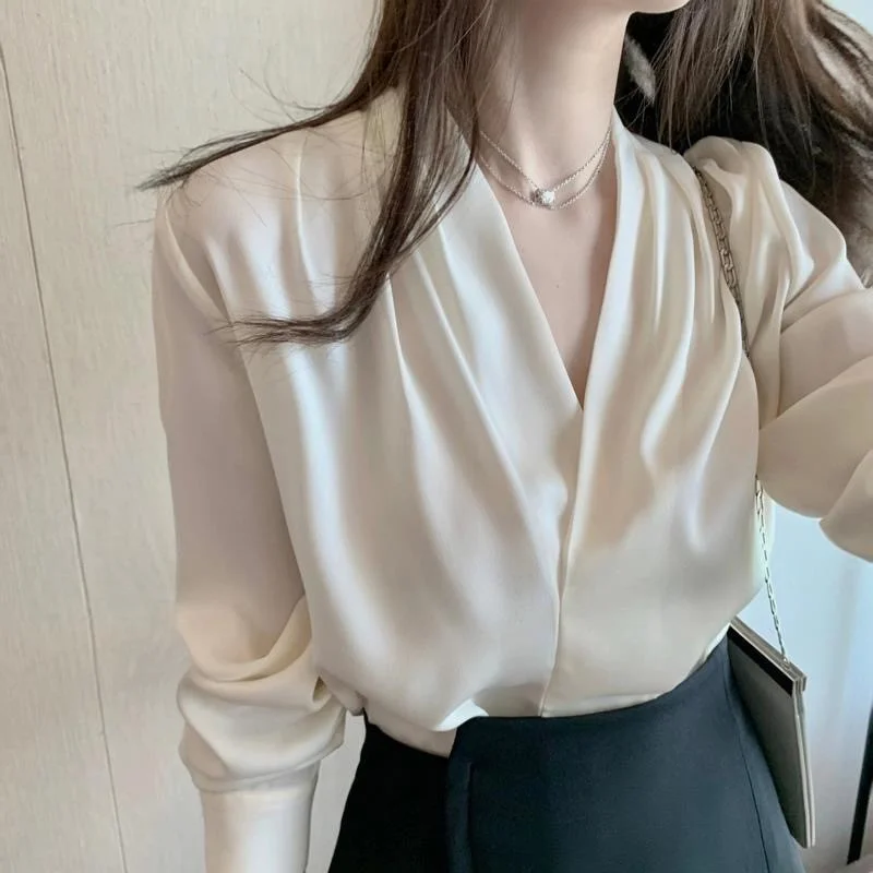 Women Spring Summer Style Blouses Shirts Lady Casual Long Sleeve V-Neck Solid Color Blusas Tops DF4980