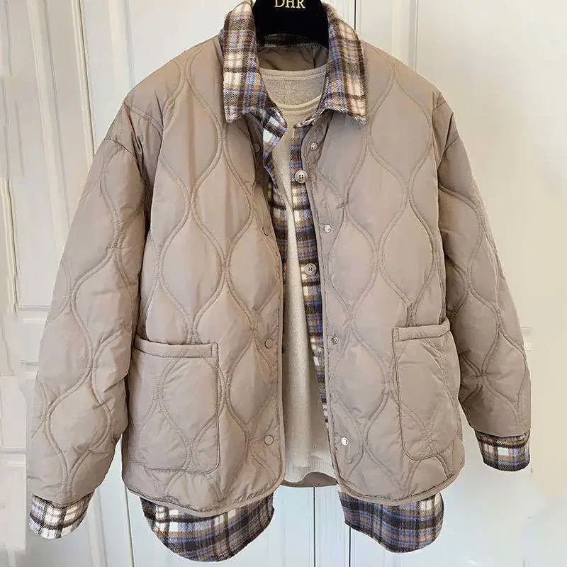 Autumn Winter Shirt Join Together Cotton Jacket Women 2024 New Fashion Loose Casual Fake Two Pieces Thicken Outerwear Female