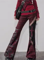 original design punk goth long flare pant red wine hollow out plaided lace-up cross punk rock women fashion pants capris