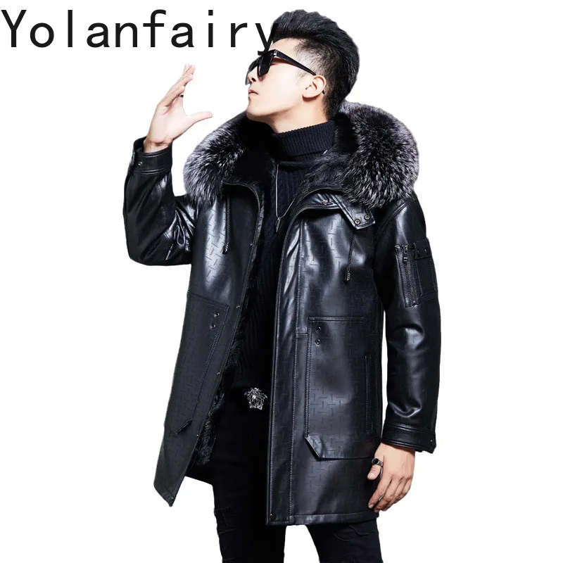 YOLANFAIRY Genuine Sheepskin Real Wool Fur Men Long Parkas Winter Clothes Black Leather Jacket Fox Fur Collar Муж Куртка 2024