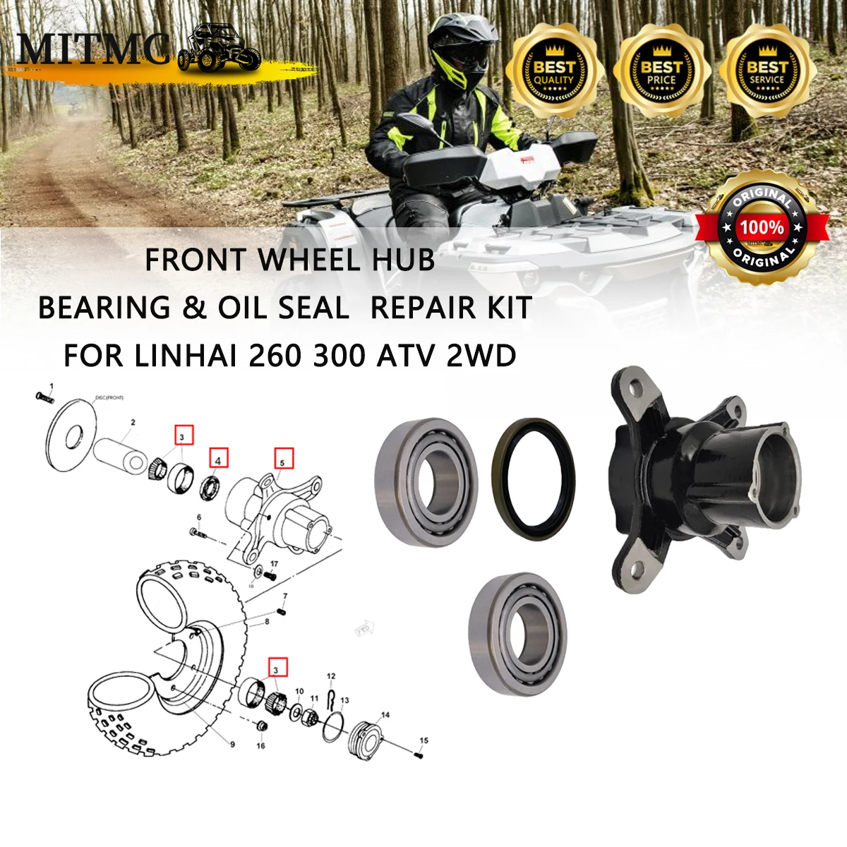 Front Wheel Hub， Bearing ，oil seal ，Repair Kit For Linhai 260 300 ATV 2WD CLASSIC DEMON ANNIVERSARY GOON MUDDY 20804 20805 10030