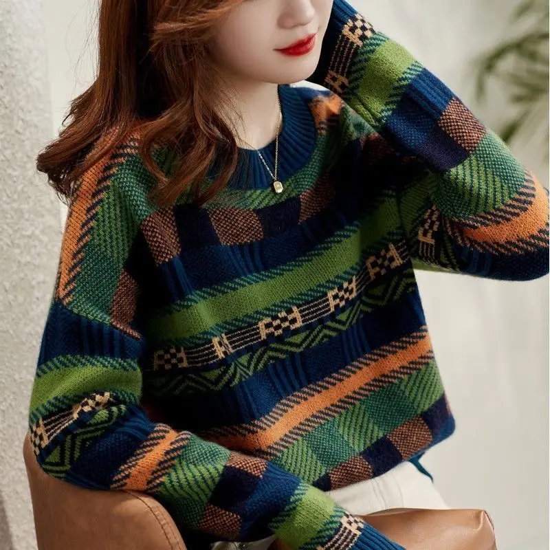 Women's Clothing Autumn Winter Vintage Striped Sweaters Fashion Contrasting Colors Korean Loose O-Neck Casual Knitted Jumpers