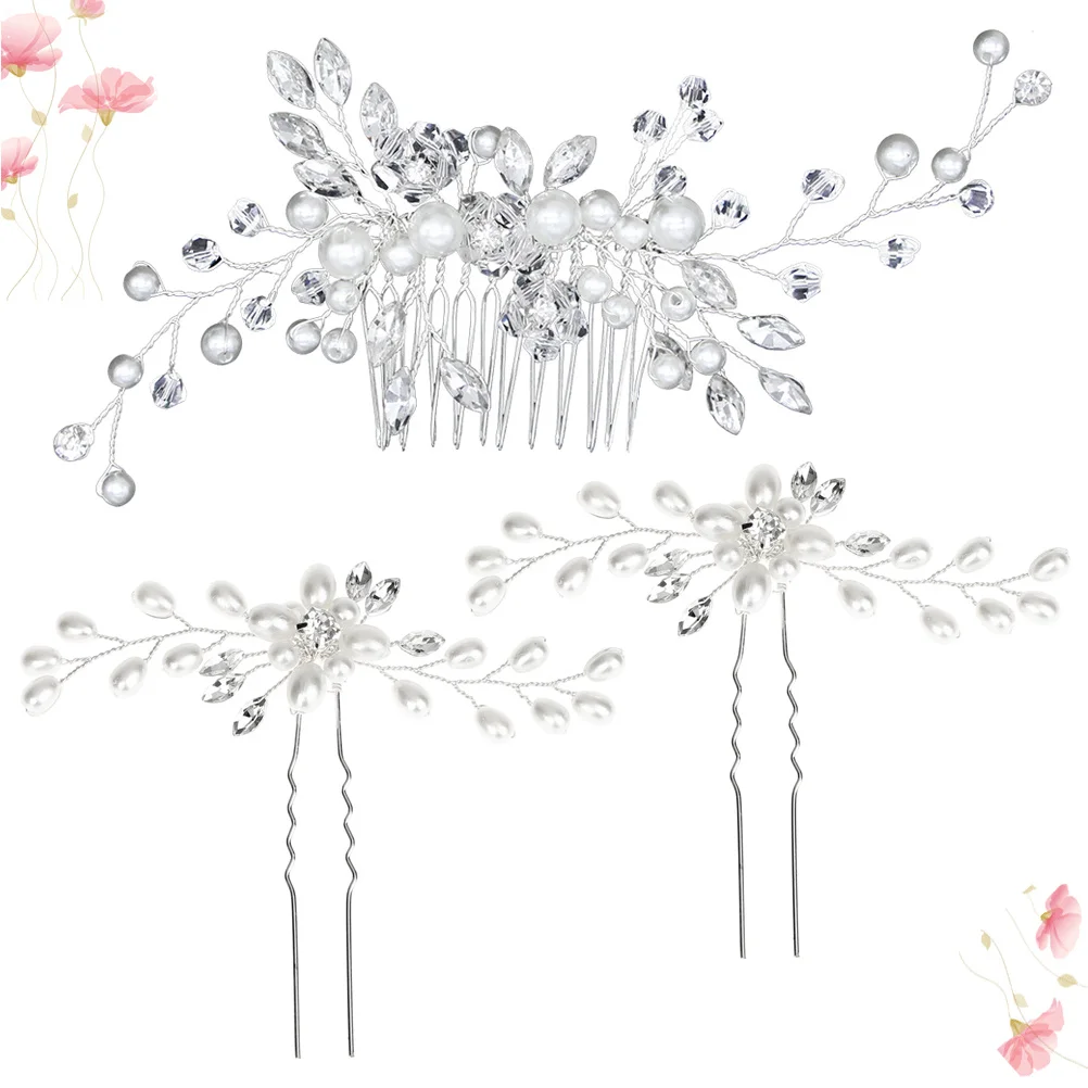 

3Pcs Bridal Hairpins Pearl Rhinestone Beaded Accessories for Bride Women Girls Wedding Silver Bridal Hairpins Pearl Hair Pins