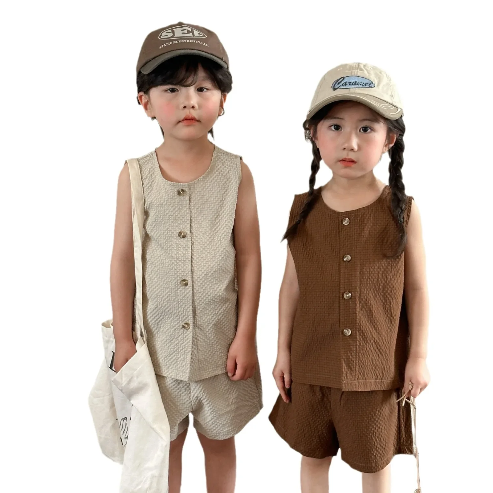 Children Clothing Set Summer Korean Style Boys Baby 2024 New Fashionable Girls Casual Vest Shorts Solid Color Two-piece Set