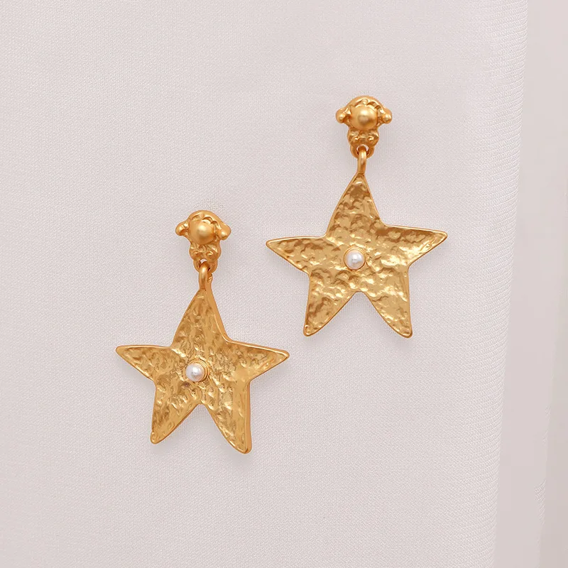 Trendy Jewelry 925 Silver Needle Matte Gold Color Earrings Vintage Temperament High Quality Metal Star Earrings For Women Gift