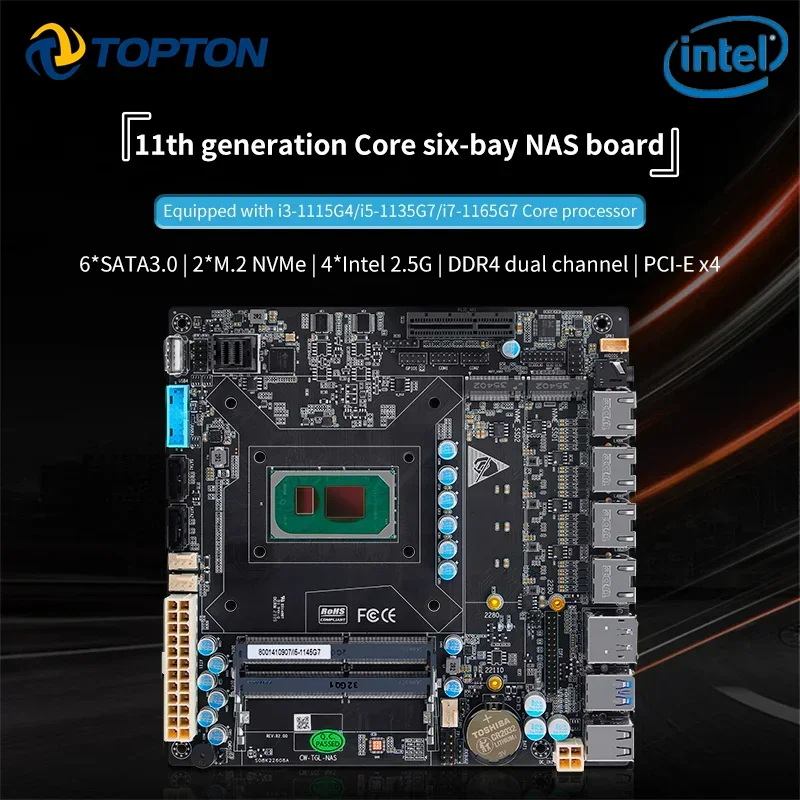 6 Bay NAS Motherboard Intel i7 1165G7 i5 1135G7 i3 1115G4 4x i226 2.5G 11th Gen 6xSATA 2xM.2 NVMe PCIEx4 Mini ITX Firewall Board