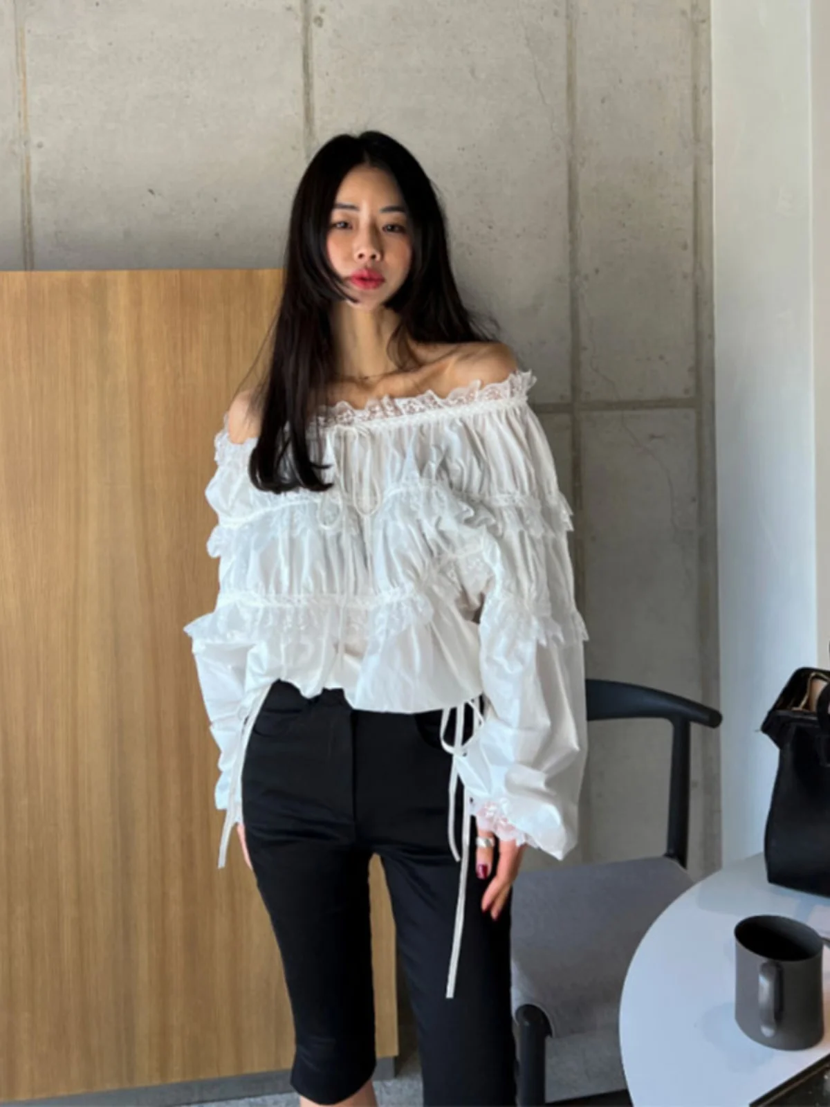 

Ele Lace irt Women's Sweet Pure Desire oulder Bared Slimming Sli French Sle Loose Long Sve Bell Sve