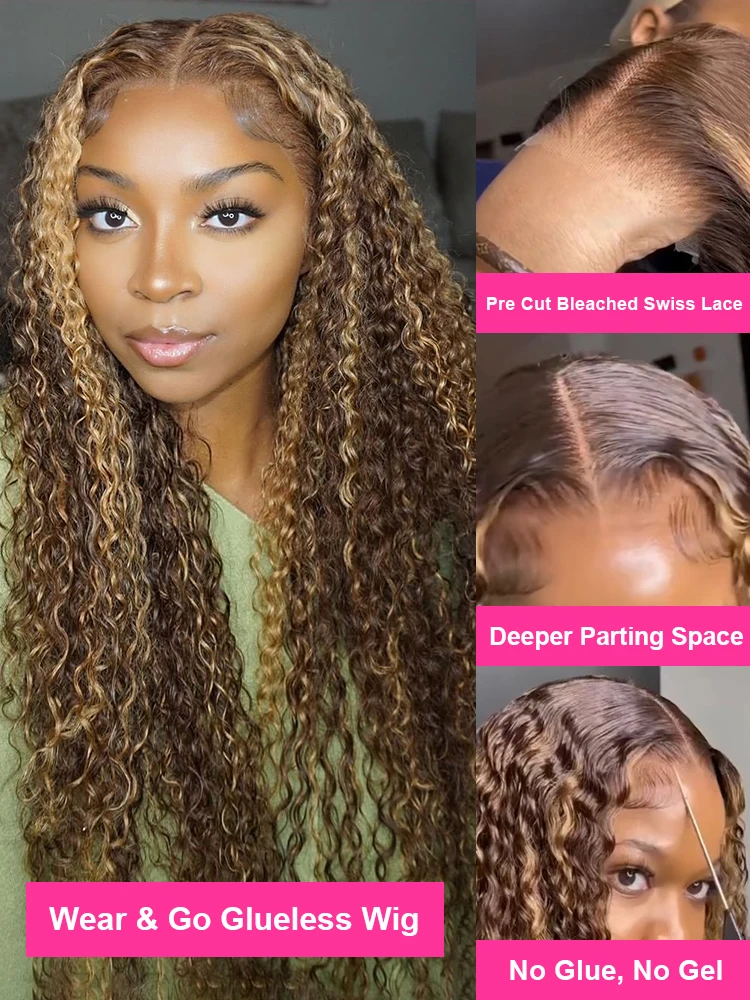 วิกผมสำเร็จรูปแบบไม่ต้องใช้กาว 250% ความหนาแน่น พร้อมส่ง ไฮไลท์สีออมเบร วิกผมลอนสีน้ำตาล 13x4 HD Lace Frontal วิกผมแท้จากผมมนุษย์ วิกผมลอนลึกแบบคลื่นน้ำ