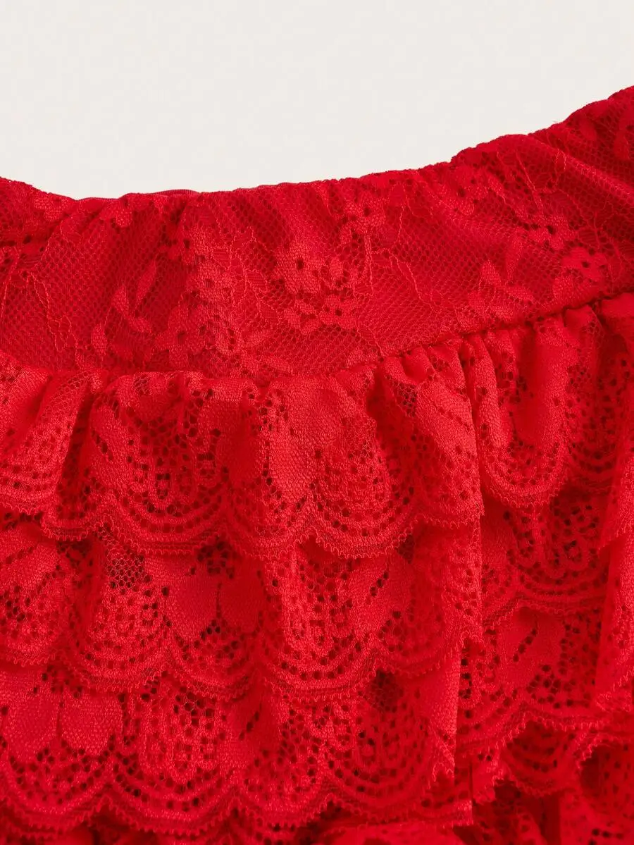 

Red Lace Ruffled Hem Mini Skort Extra Low Waist Festival Outfit