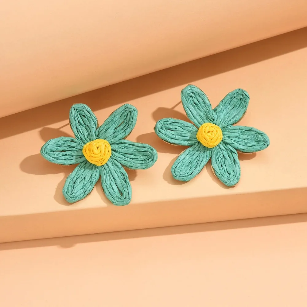 Raffia Sunflower Earrings Exaggerated Shape Ethnic Style Weaved Ear Accessories Jewelry Bohemia Flower Stud Earrings Vacation