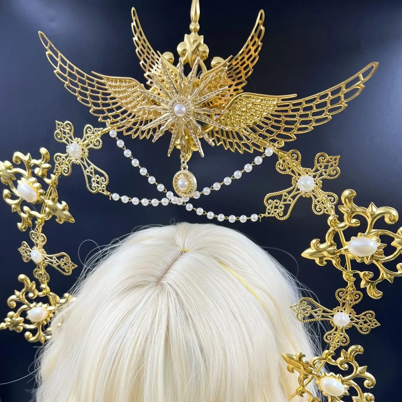 Gothic Lolita Faux Pearl Tiara, Halo Crown, Mary Goddess Headband, Cosplay Costume, Headpiece