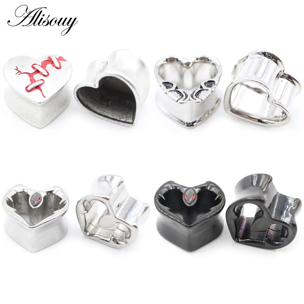 Alisouy 1PC serce ze stali nierdzewnej czaszka oko czerwona cyrkonia tunele do uszu wtyczka Expander nosze wskaźniki kolczyki Piercing biżuteria do ciała