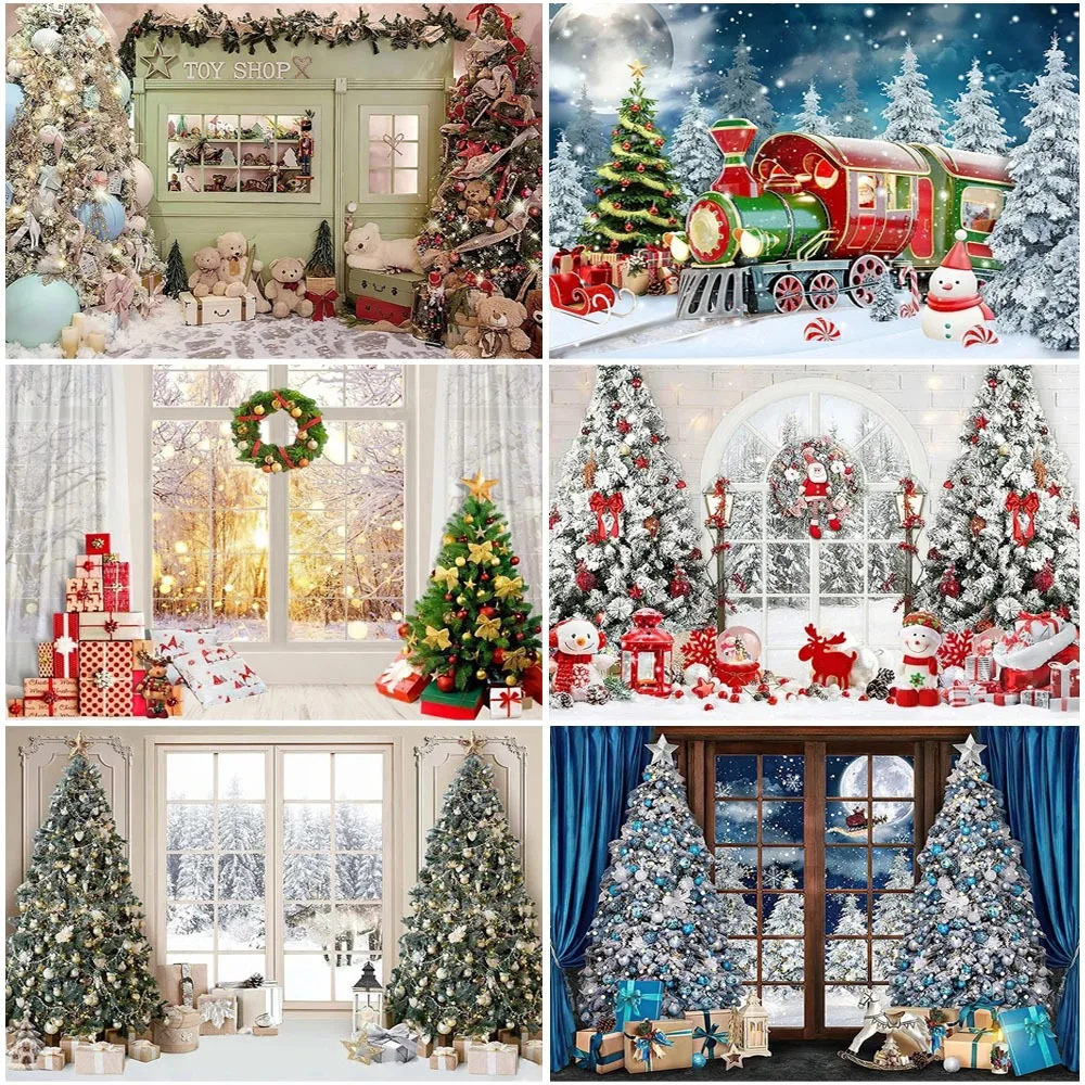 

Christmas Party Backdrop Christmas Tree Window Wreath Wooden Doors Snowman Pine New Year Decor Banner Photography Background
