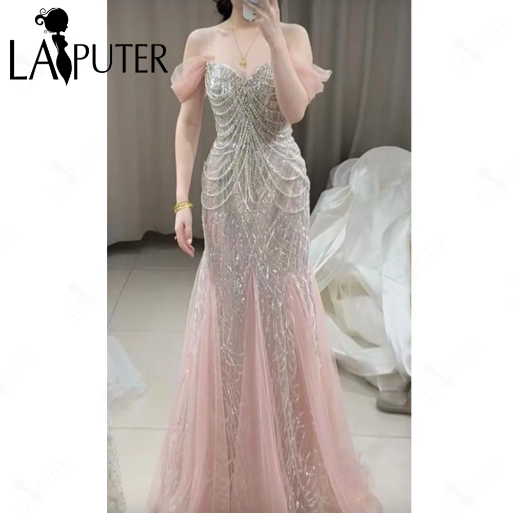 ピンクチュールマーメイドプロムドレスオフショルダーシルバークリスタルビーズスパンコールイブニングドレスサイドスリーブ女性エレガントフォーマルガウン