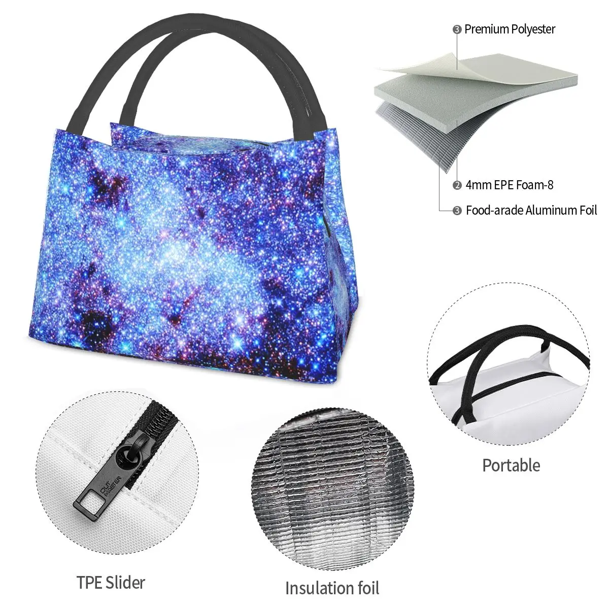 Galaxy Sparkle Stars Periwinkle Blue Insulated Lunch Bag for Women Bento Storage Food Boxes  Cooler Thermal Lunch Box Tote