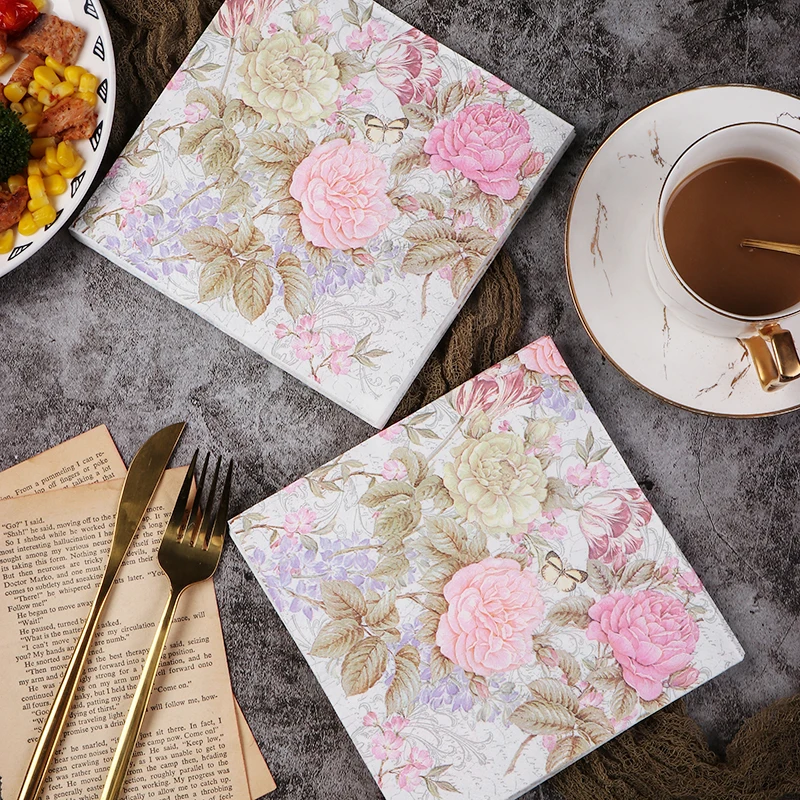 20pcs/Pac 33cm 2Ply Colorful Printed Napkin Pink Flower Square Butterfly Valley Bart Paper Wedding Pure Wood Pulp Paper Placemat