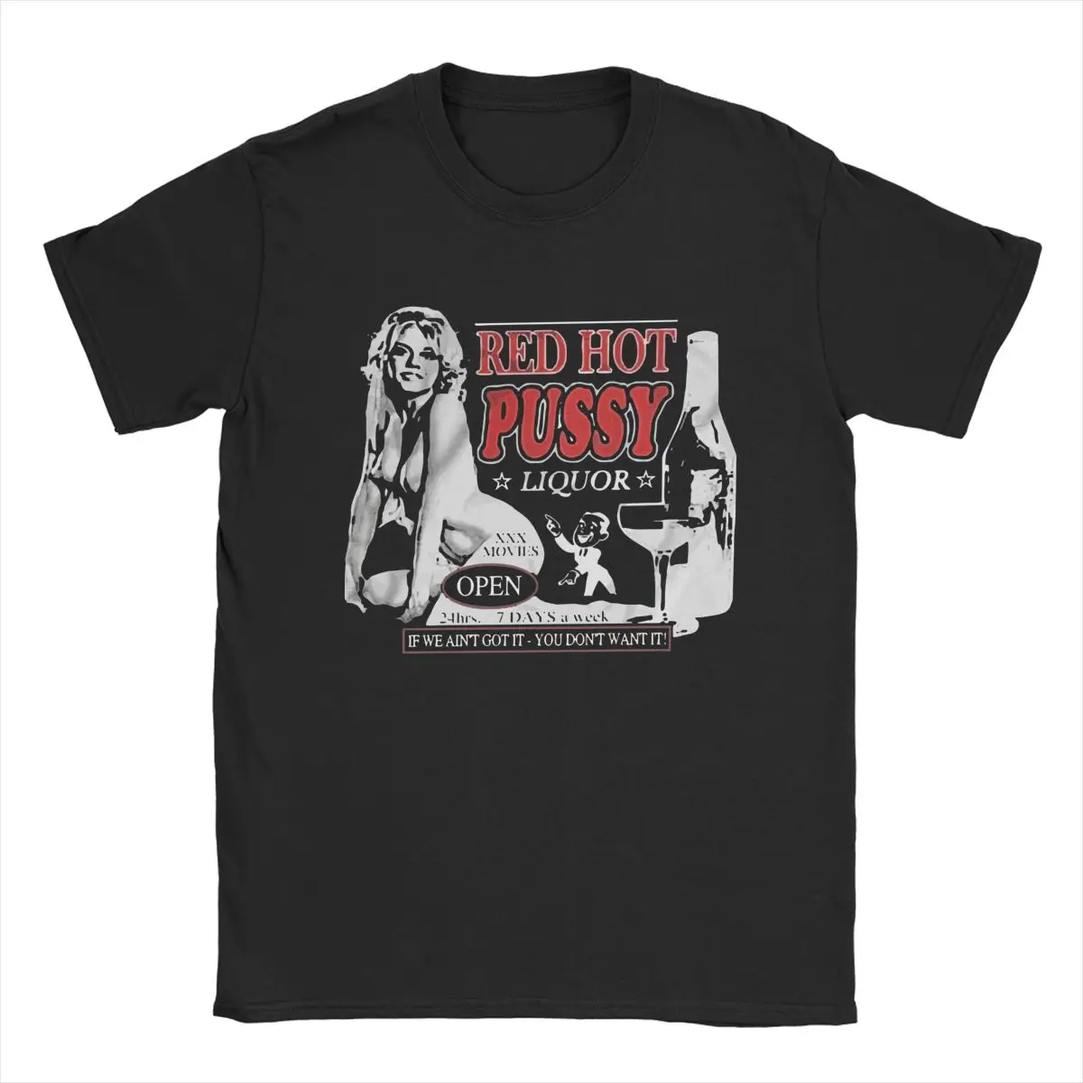 Novelty Scary Movie Red Hot Pussy Liquor Horror Halloween T-Shirts for Men O Neck Pure Cotton Short Sleeve Printing Clothing