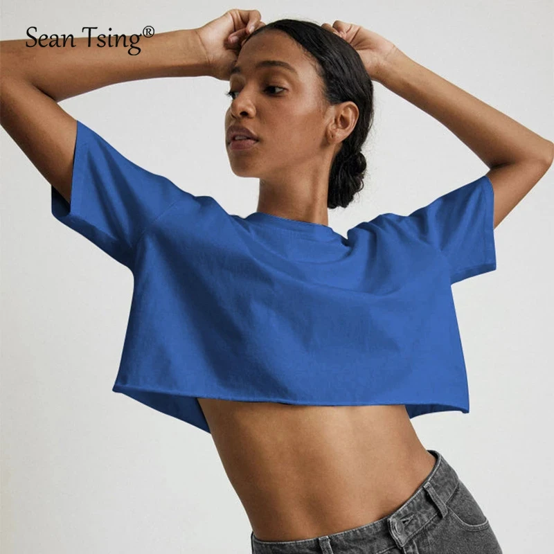 Sean Tsing® 100% Cotton T-shirts Women Short Sleeve Solid Color Basics Tees Oversized Casual Streetwear Outwear Summer Crop Tops