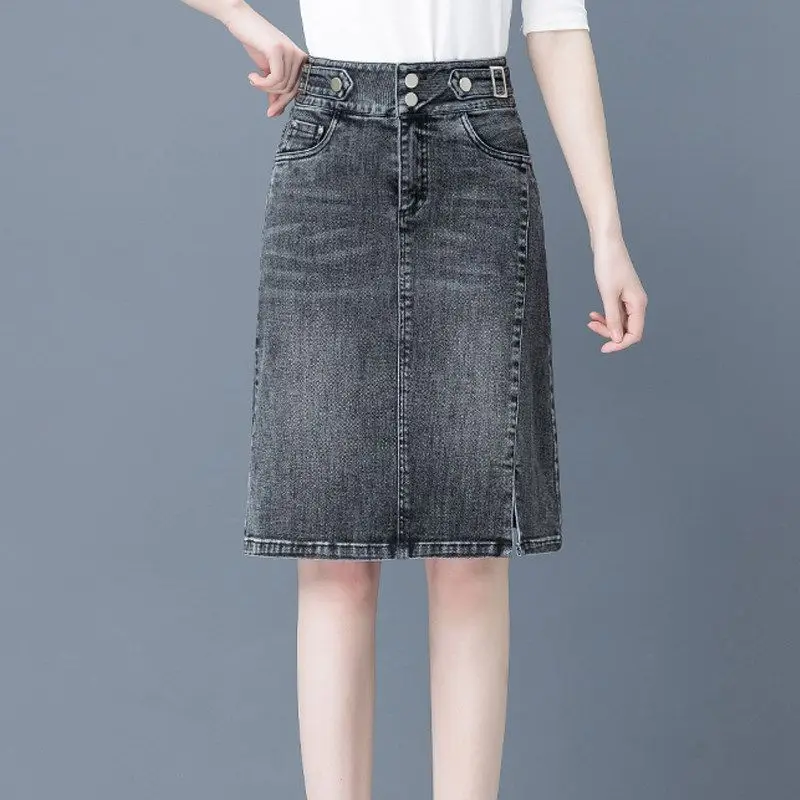 Kawaii Women's Denim Skirt Cute Midi Female Jeans Skirts With Pocket Offer Aesthetic Hot Summer 2024 Vintage New In Cheap A Line