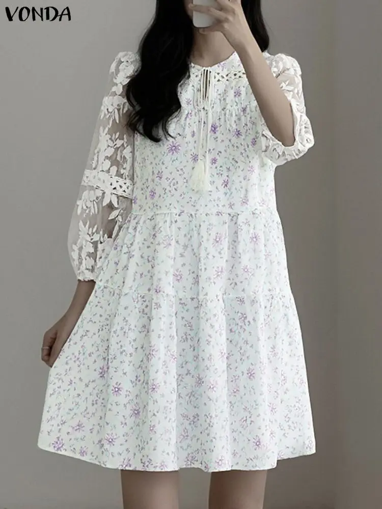 VONDA Mini abiti con stampa floreale bohémien Donna Manica a sbuffo 3/4 Casual Vacanza Vestito estivo Fasciatura di moda Elegante abito in rete con volant