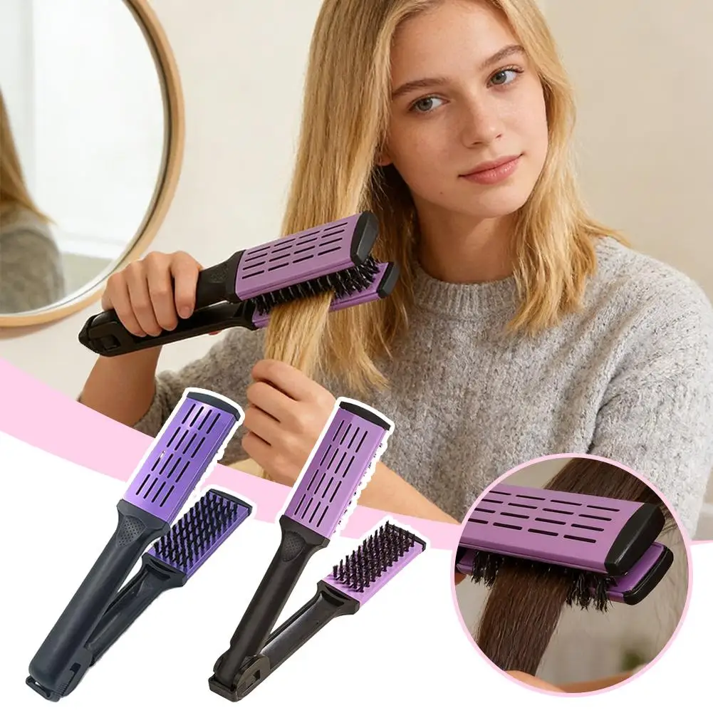 

Pro Hairdressing Straightener Hairbrush Nylon Hair Straightening Double Brushes V Shape Comb Clamp Not Hurt Styling Tools DIY