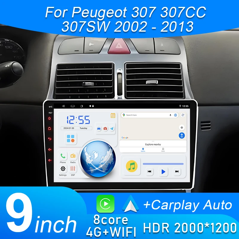 

Android 15 9'' Bluetooth WIFI 4G For Peugeot 307 307CC 307SW 2002 - 2013 Car Radio Multimedia Player Video Carplay BT NO din DVD