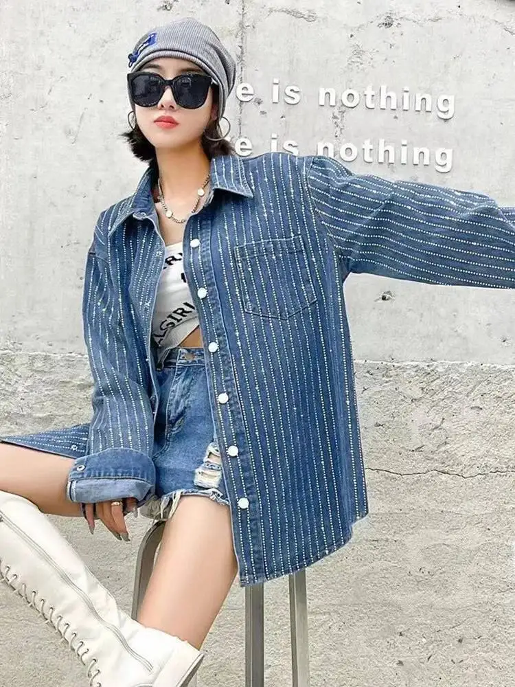 

[Vibe] Женская джинсовая куртка Hot Diamond на осень 2023 года, новая свободная повседневная джинсовая рубашка с длинными рукавами