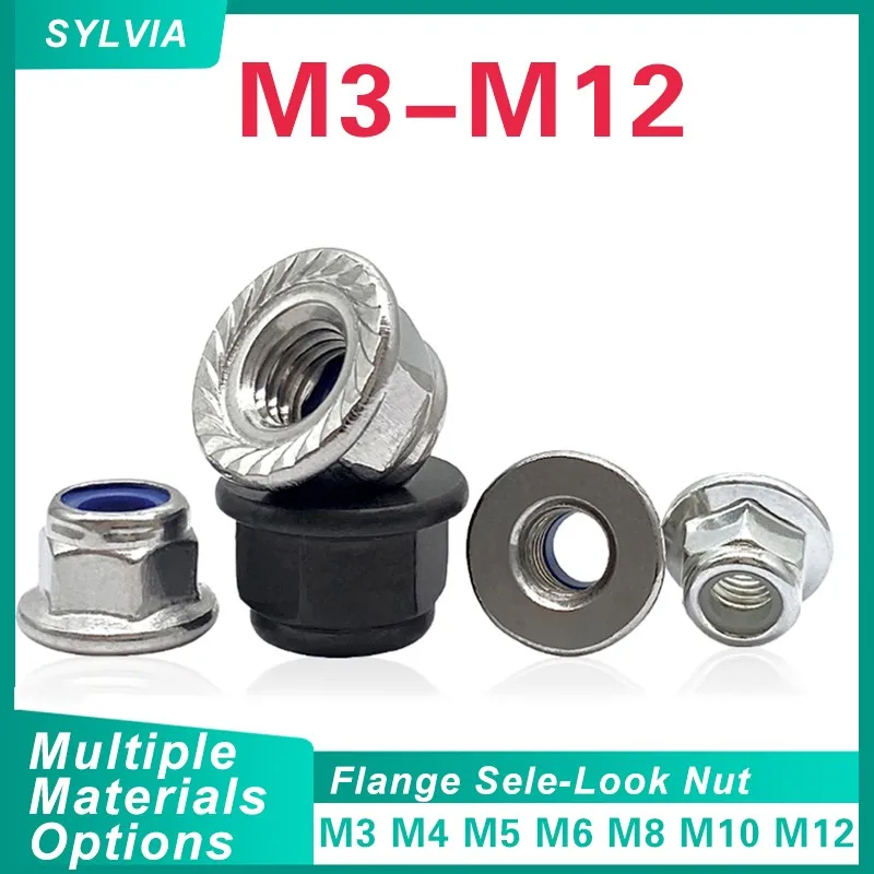 2~50pcs DIN6926 Stainless Steel/ Carbon Steel/ Nylon Flange Lock Nuts M3 M4 M5 M6 M8 M10 M12