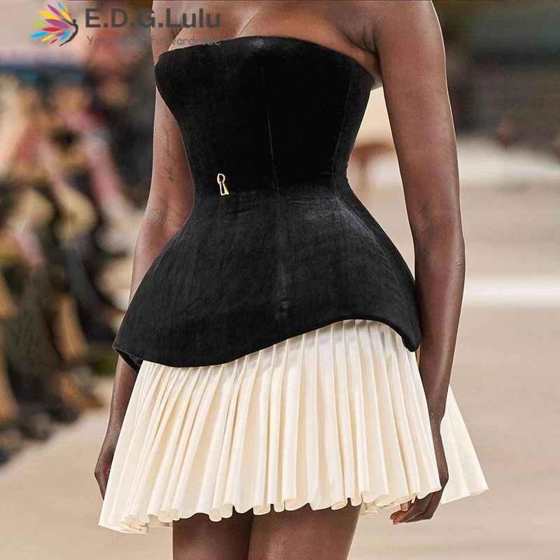 EDGLuLu Black Velvet Patchwork White Pleated Dresses 2025 Woman Drawstring Lace-Up Backless Sexy Birthday Dress 1119