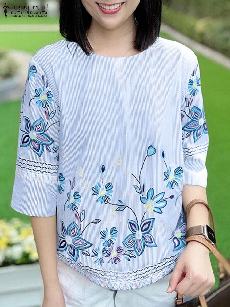 

ZANZEA Vintage Women Tops and Blouses 2025 Summer Striped Print Shirts O-Neck 3/4 Sleeve Bohemian Casual Loose Blusas Clothing