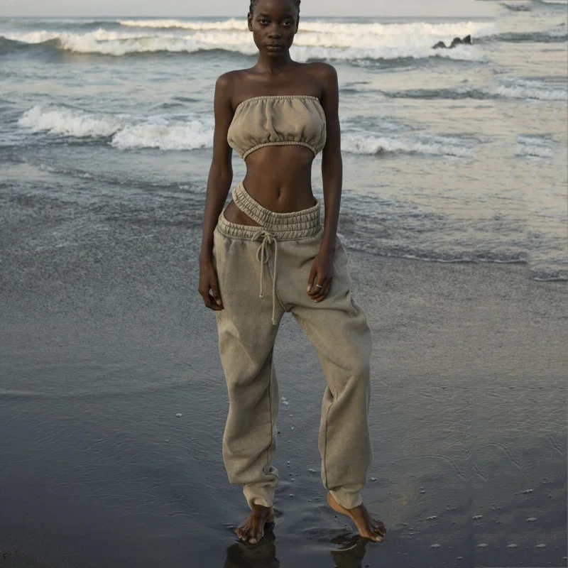 Vintage Hollow Out Design Wide Leg Pants Gray Loose Casual Sports Pants For Women High Waist Wide Leg Sweatpants Women Clothing