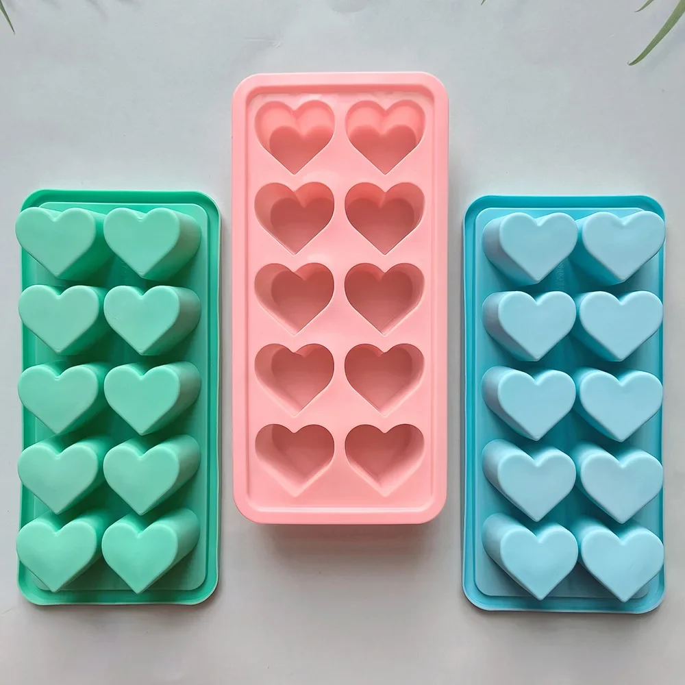 10 Holes Heart Chocolate Silicone Molds Colorful Love Shape Jelly Biscuit Baking Tray Easy Demold Scented Candles Wedding Decor