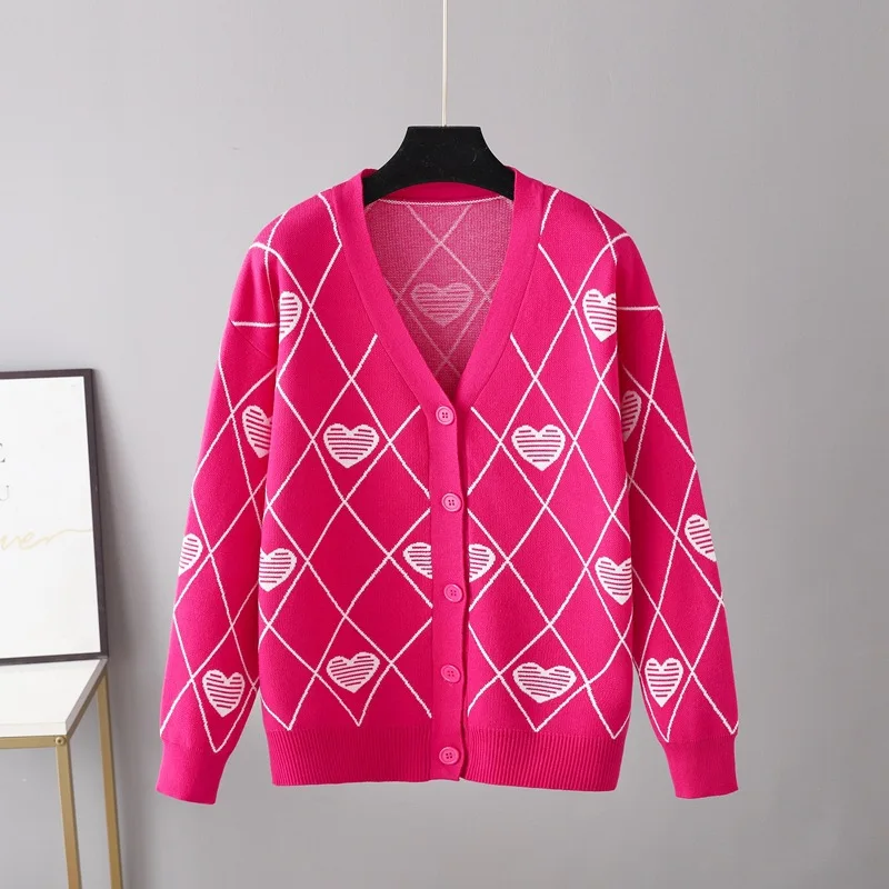 Women‘s Winter Korean Loose Heart Cardigan Sweater Coat Diamond Plaid Long-sleeve Shirt Knitted Thick Cardigan Women Sweater