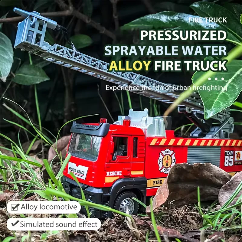 1:50 Fire Truck Diecast Alloy Sprinkler Toy with Light Music Water Simulation Spray Rescue Car Children\'s Toy Birthday Gifts