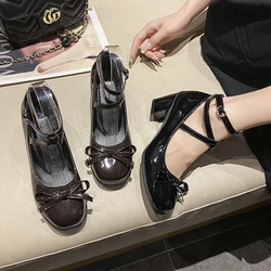 New Mary Jane Women Pumps Thick High Heels Shoes Female Lolita Square Toe Shoes Spring Fashion Party Leather Woman Shoes