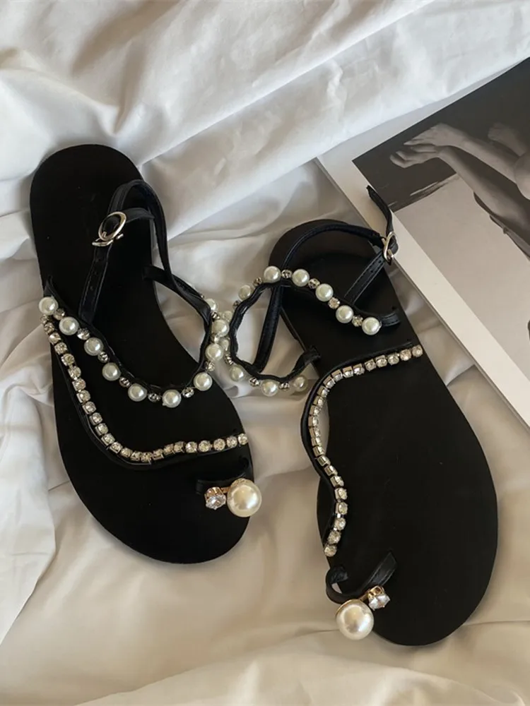 2024 Summer New Clip Toe Flip Flops Shoe Flats Sandals Women Design Handmade Pearl Water Diamond Decorate Flat Bottom Sandalias