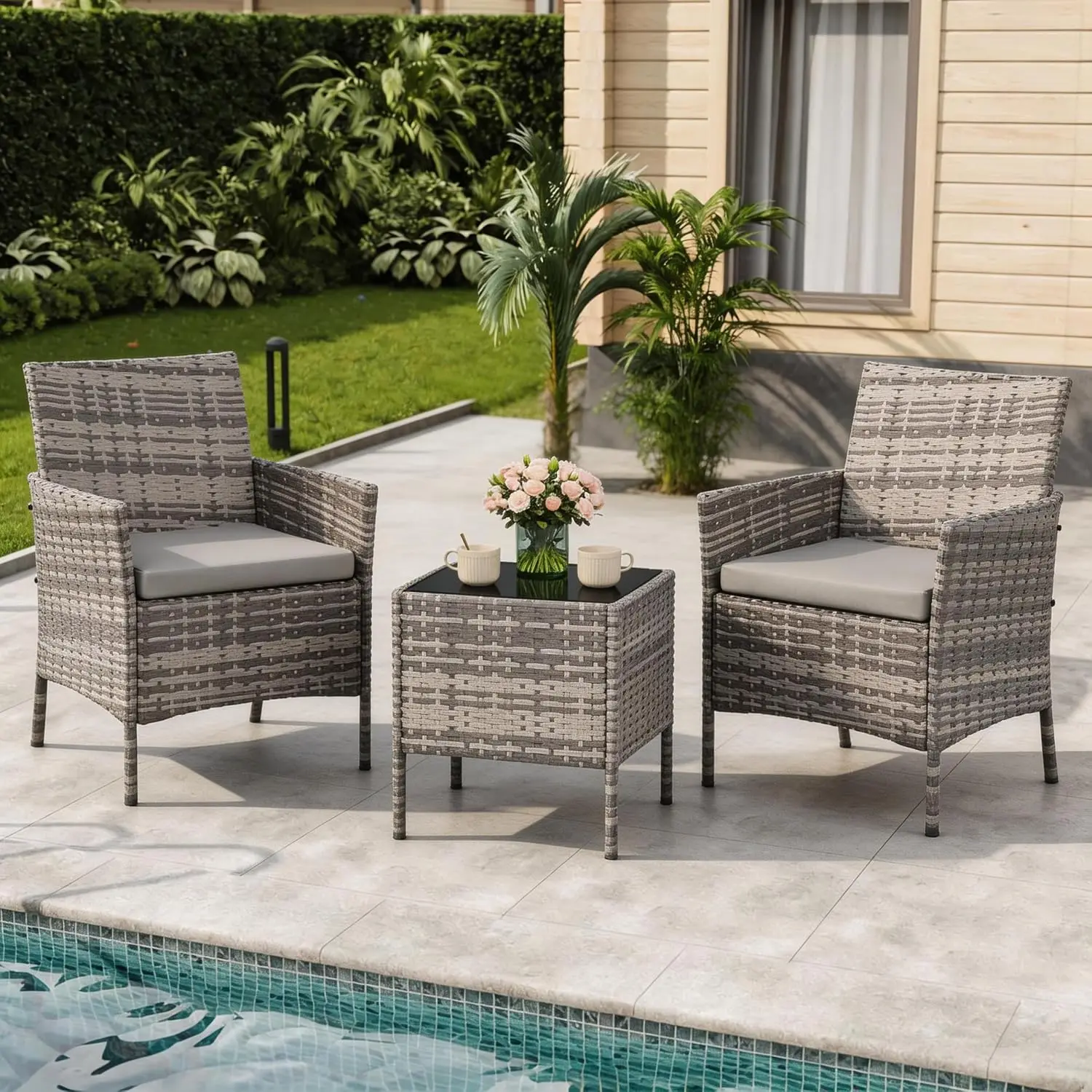 3-Piece Outdoor Patio Furniture Set – PE Rattan Wicker Chairs with Soft Cushions & Tempered Glass Coffee Table, All-Weather Set for Garden, Backyard, Porch, Poolside (Gray/Light Gray)